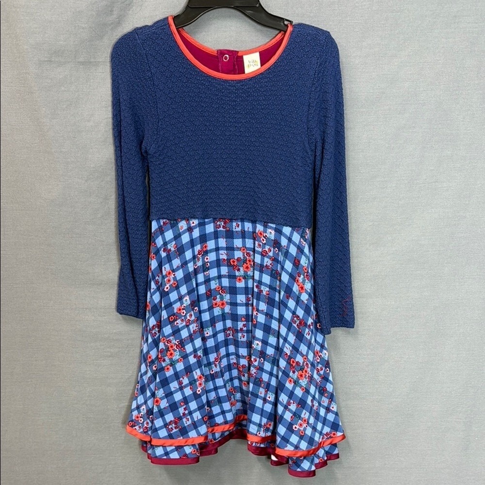 Wildflowers No 10 Girls Blue Plaid Floral Long Sleeve Dress Size 10 FMT470